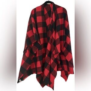 Old Navy Red and Black Buffalo Plaid Poncho Oversized Blanket Scarf Cottagecore